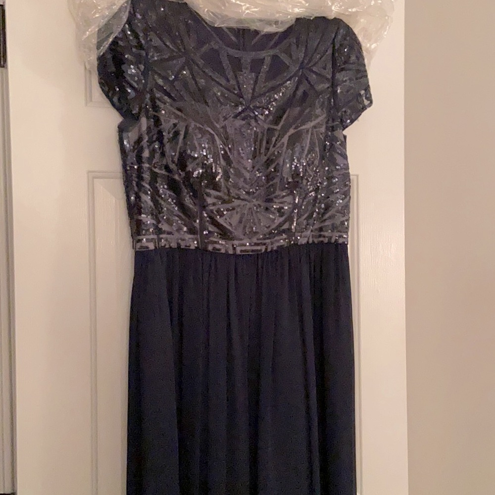 Stunning cap sleeve navy blue sequin bodice gown